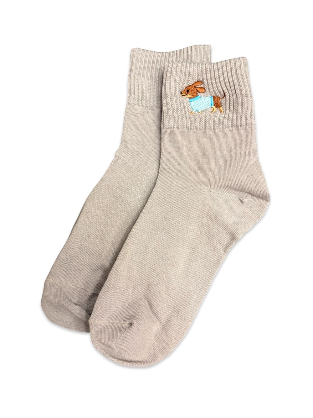 Dachshund Wiener Dog Embroidered Low Crew Socks Oatmeal Beige One Size